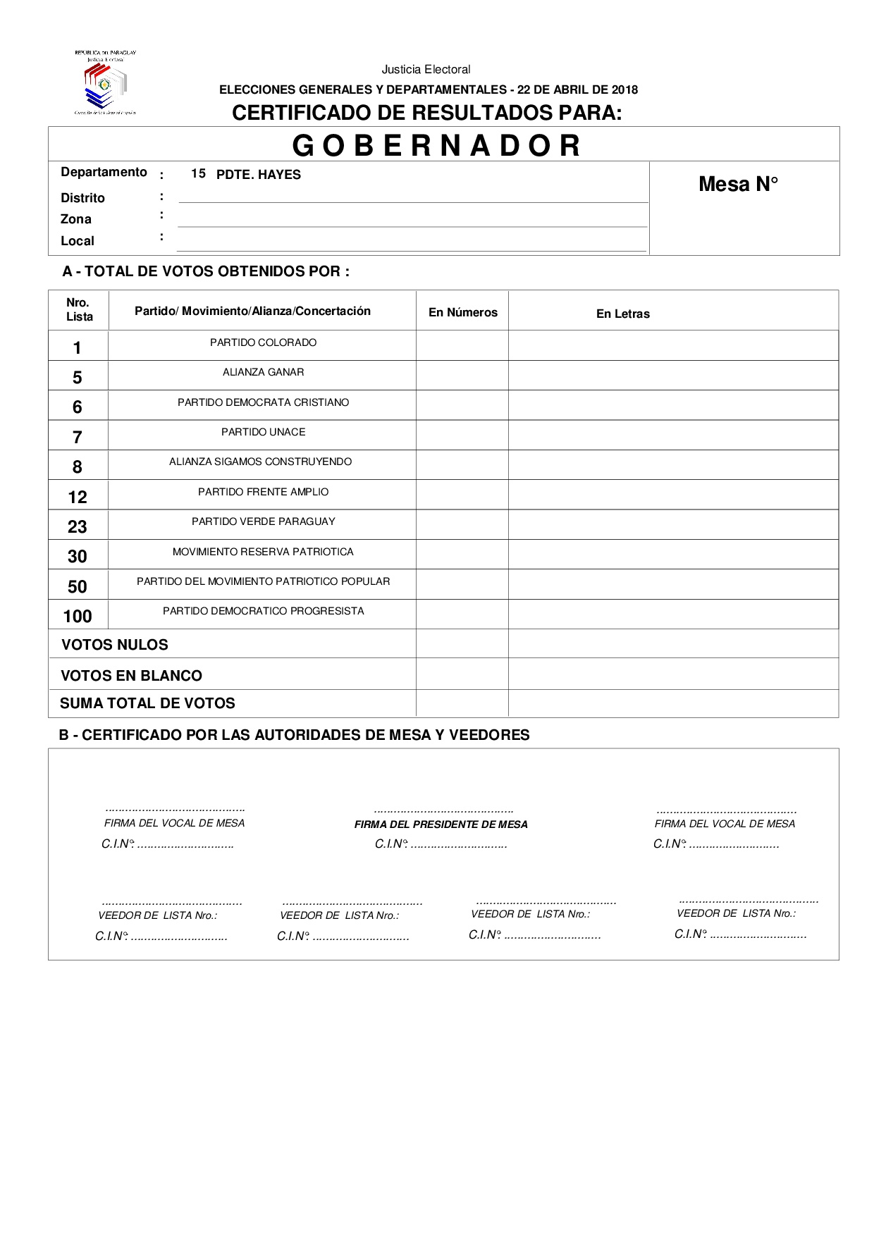 Certificado de Resultados Para GOBERNADOR de PDTE HAYES